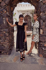 Lane Embroidered Midi Dress in Black
