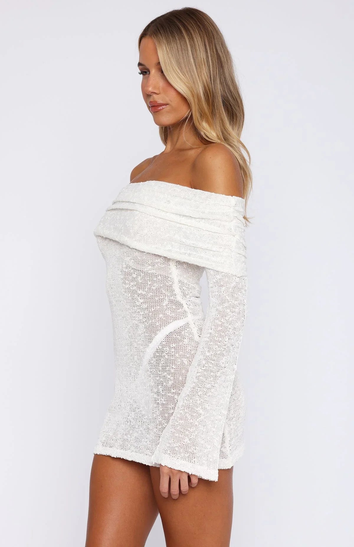 Can't Leave Me Long Sleeve Boucle Mini Dress White