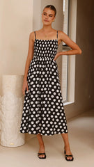Roma Midi Dress - Black/ White Polka Dot