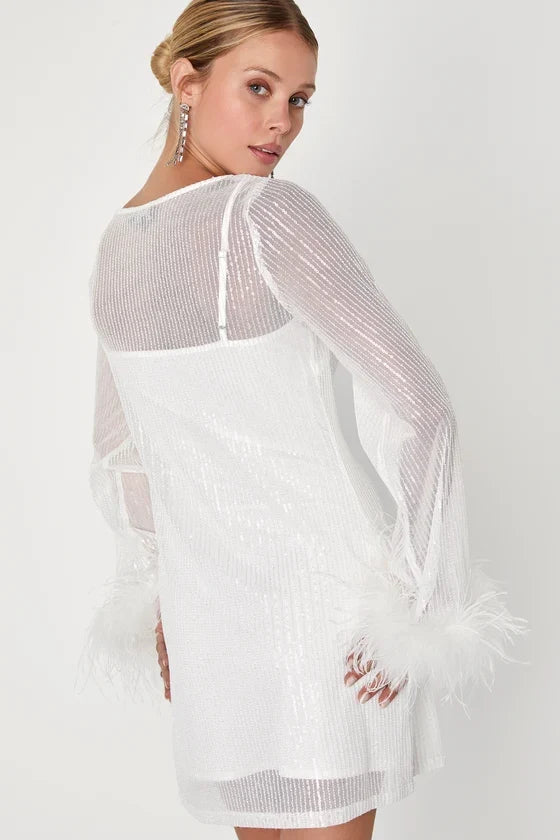 Marvelous Energy White Sequin Mesh Long Sleeve Mini Dress
