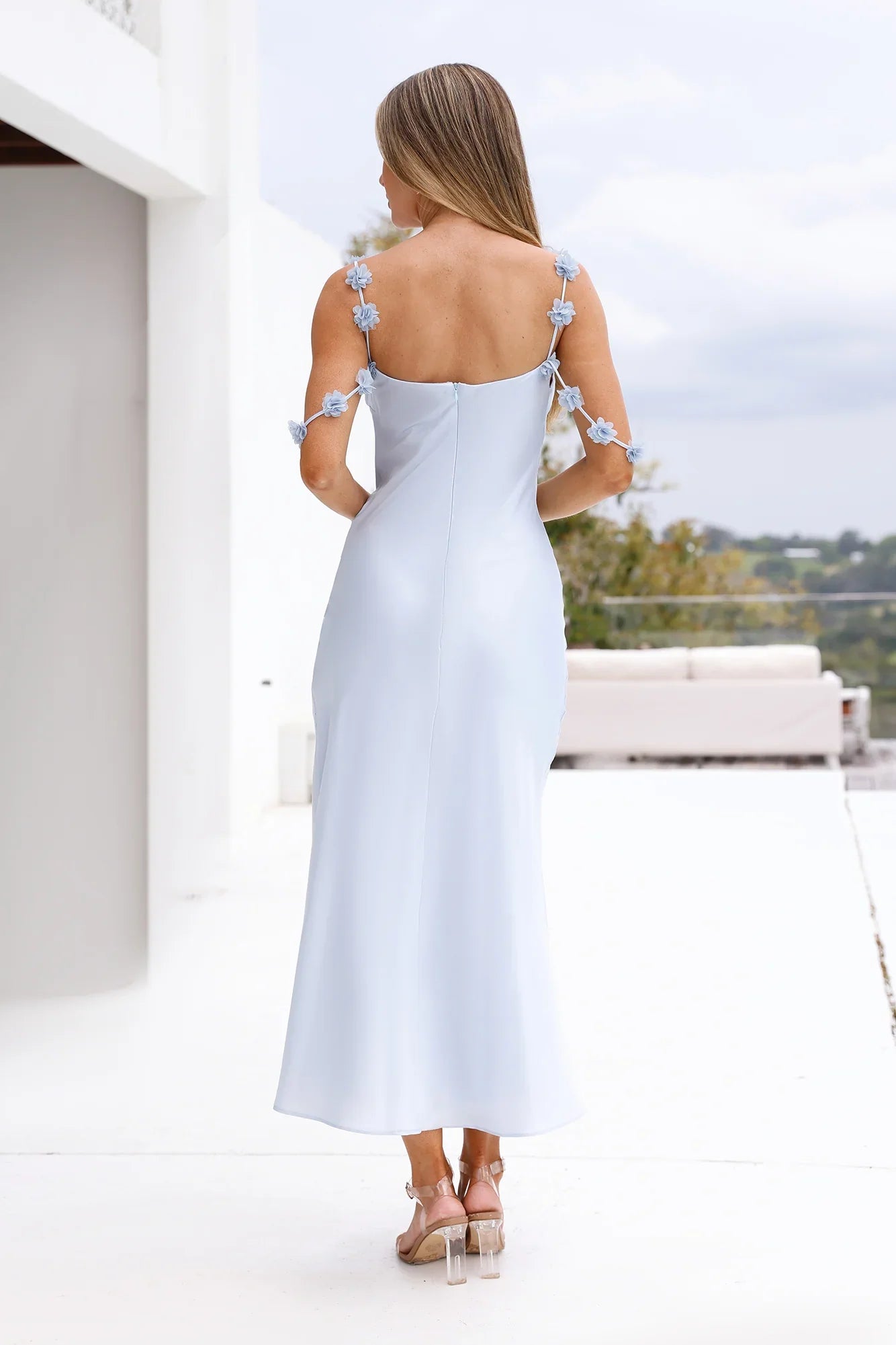 Silk Shadows Satin Midi Dress Blue