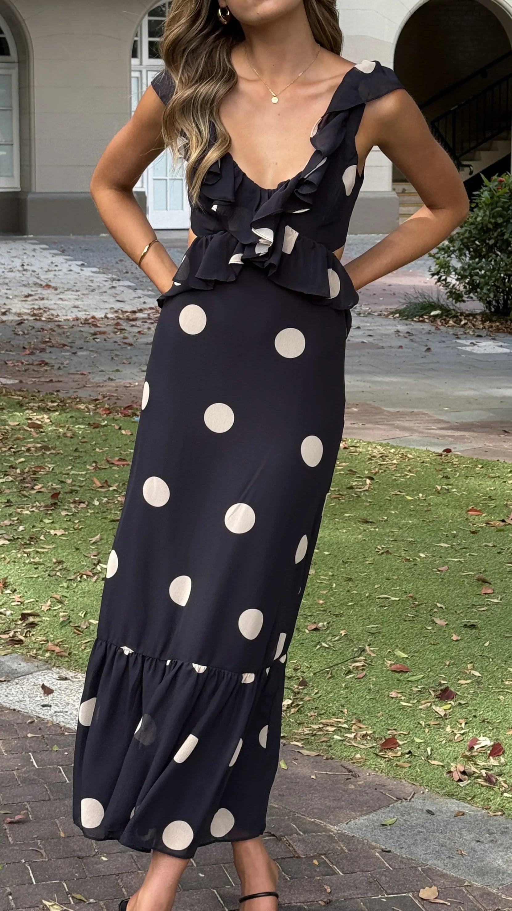 Taylee Midi Dress - Black/Cream Polka